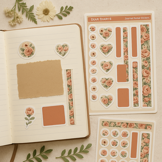 Peach Rose Stickers for Journaling – Floral Hearts, Borders & Labels