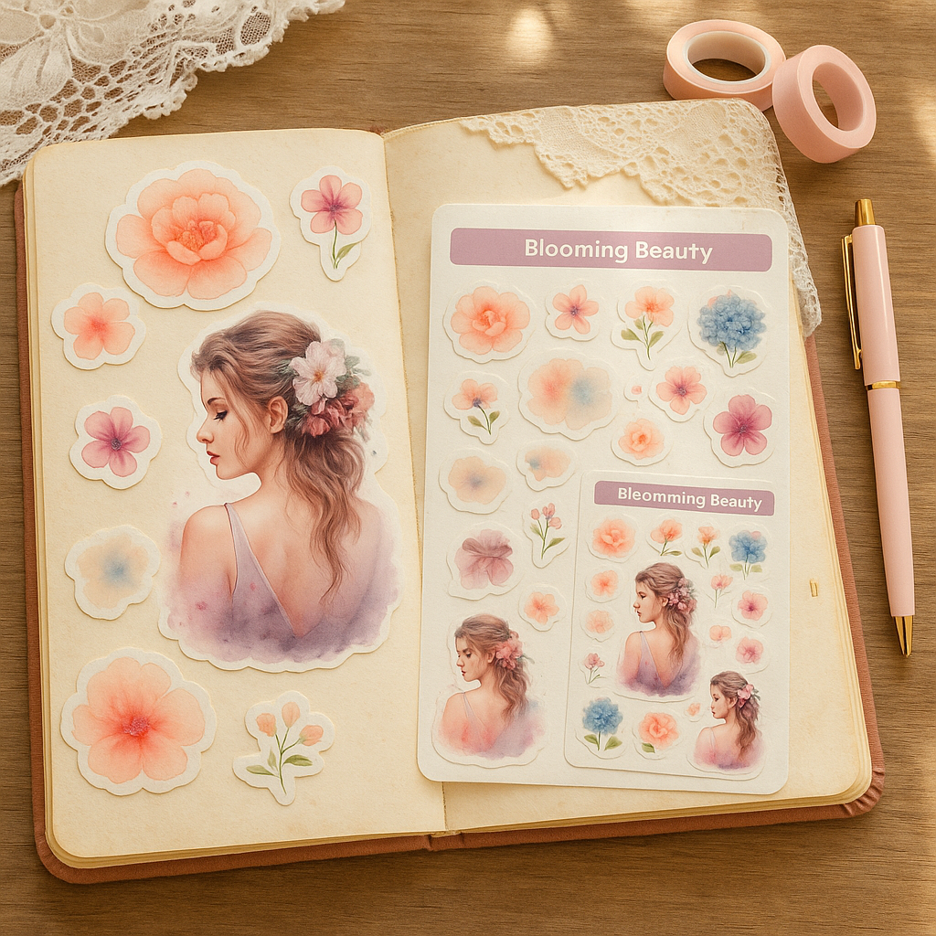 Floral Portrait Stickers – Dreamy Girl and Flower Stickers for Journals