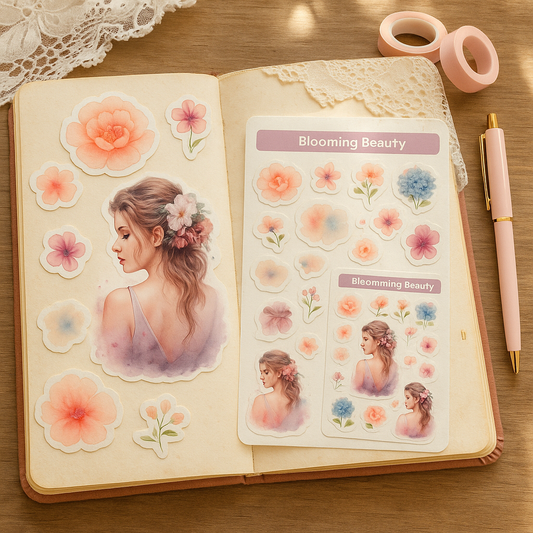 Floral Portrait Stickers – Dreamy Girl and Flower Stickers for Journals