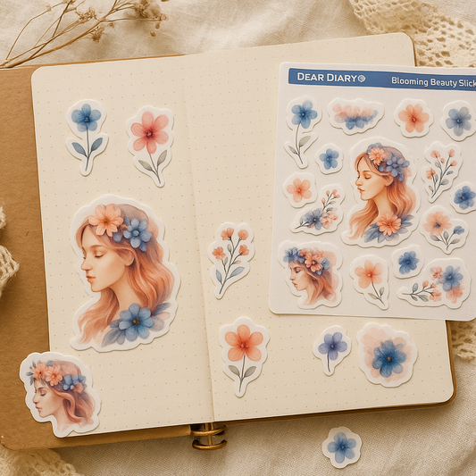 Blooming Beauty Stickers – Floral Girl Vinyl Stickers for Journaling, Scrapbooking & Planner Spreads