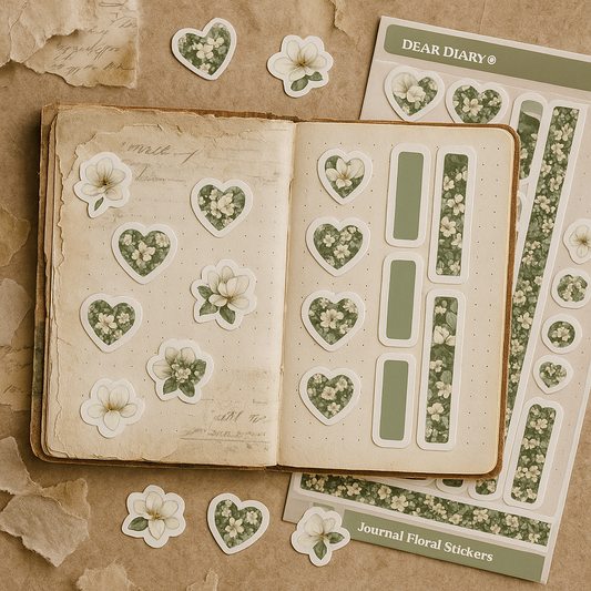 Green Floral Heart Stickers – Vintage Journal Sticker Sheet for Scrapbooking, Planner & Bullet Journal