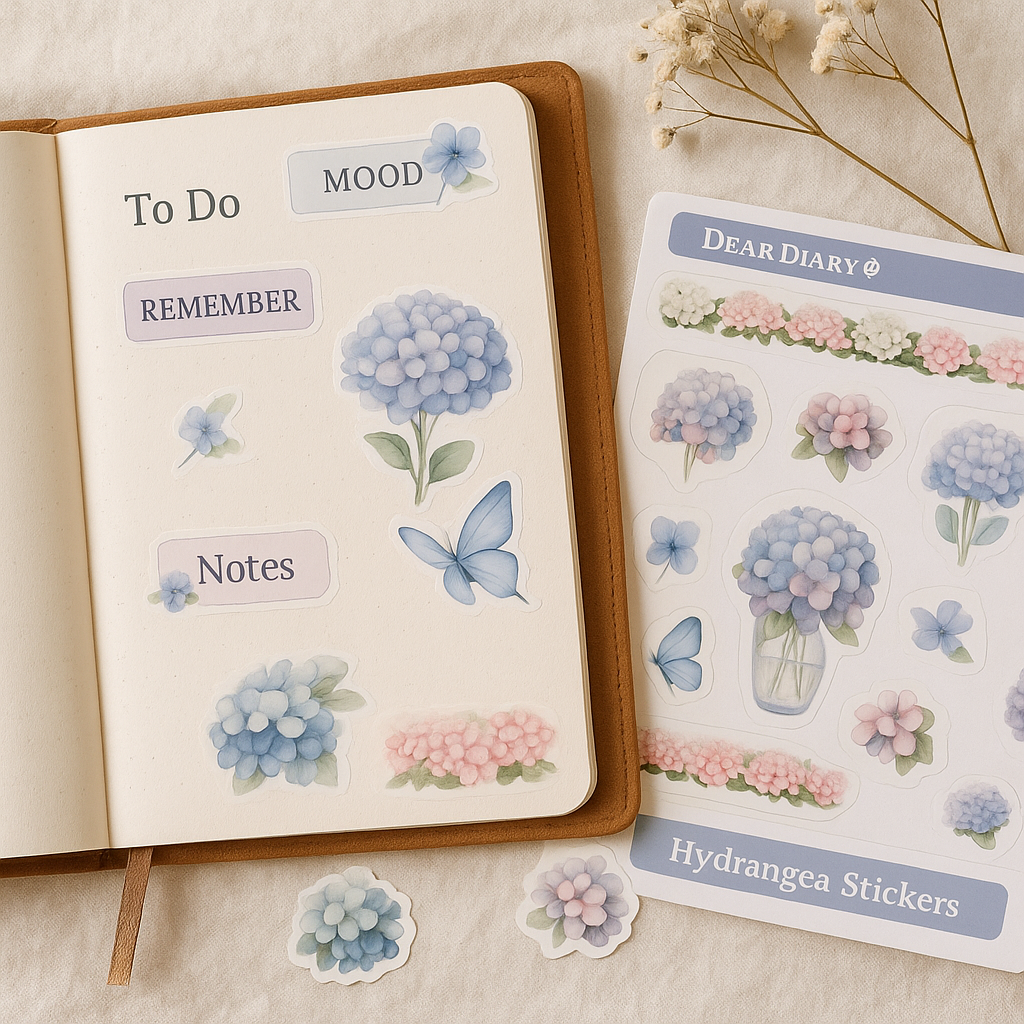 Hydrangea Stickers for Journal & Planner – Pastel Floral & Butterfly Vinyl Set