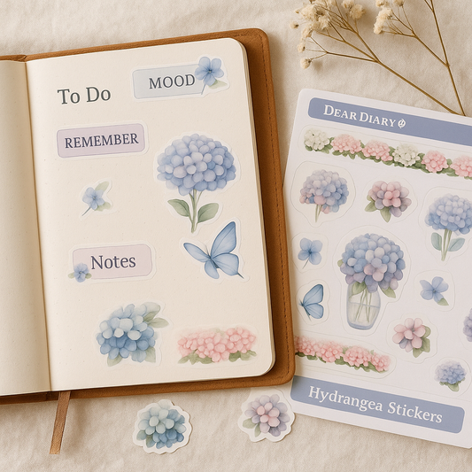 Hydrangea Stickers for Journal & Planner – Pastel Floral & Butterfly Vinyl Set