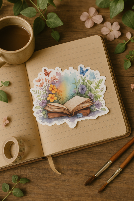 Whimsical Book Sticker for Journal & Planner – Floral Open Book with Butterflies