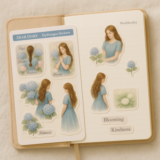 Hydrangea Girl Stickers – Aesthetic Blue Floral Stickers for Journal & Planner
