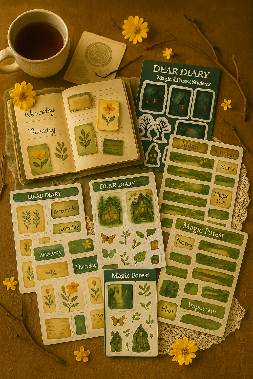 Enchanted Woods Stickers – Cozy Cottagecore Journal Sheets