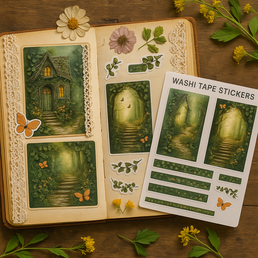 Dark Green Forest Stickers – Woodland Path & Cozy House