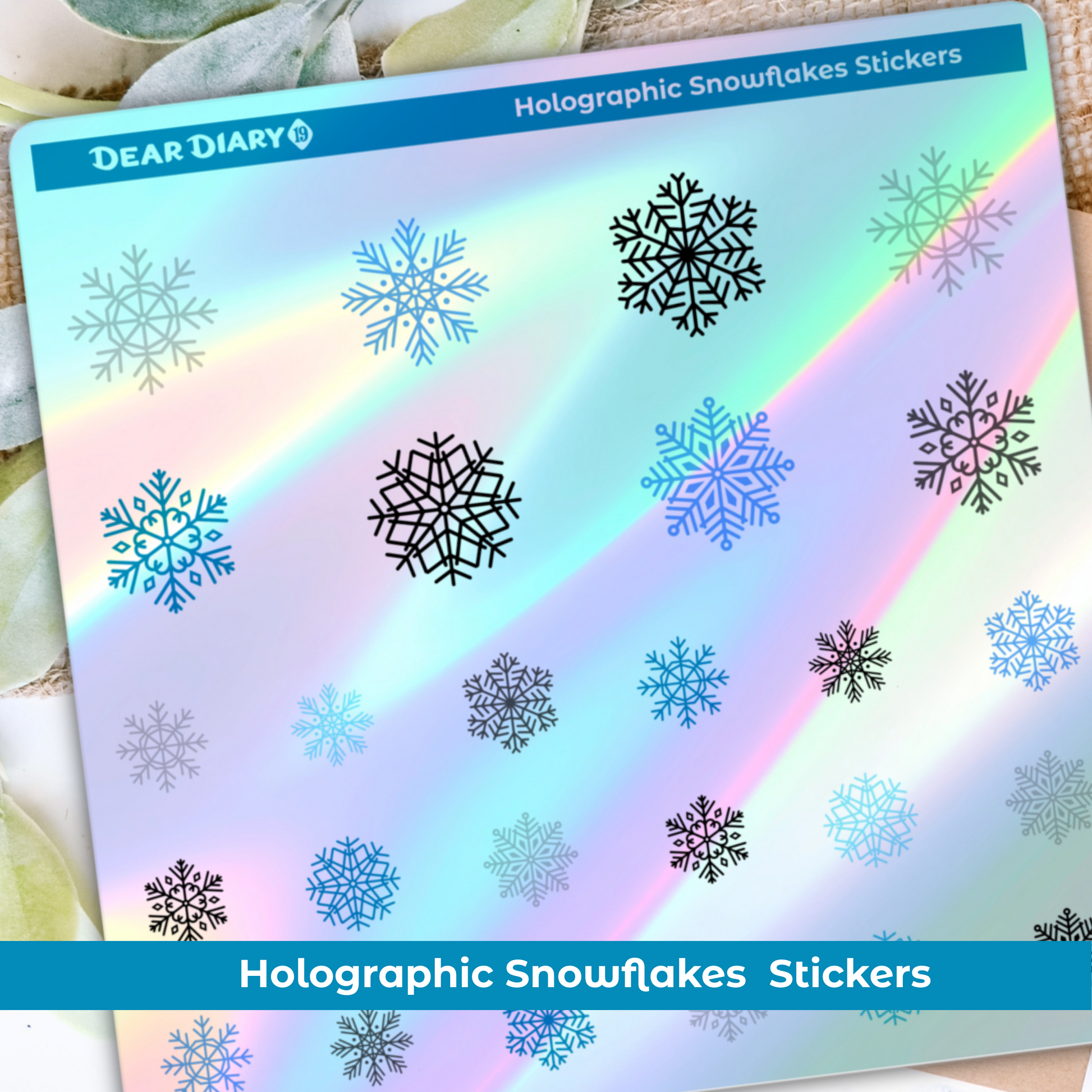 holographic snowflakes stickers sheet on white background