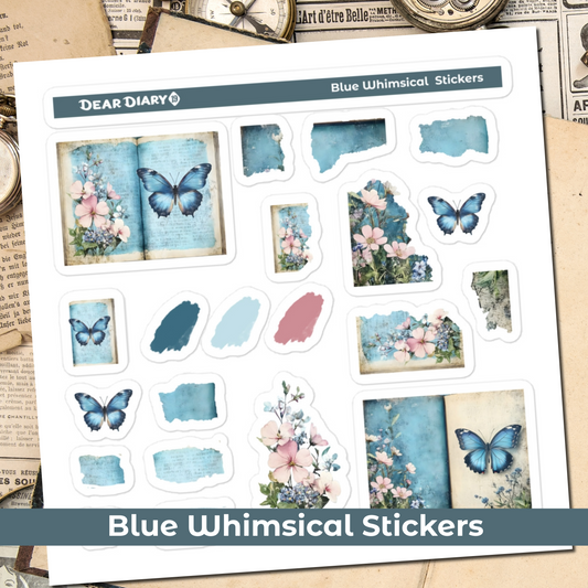 Blue journal whimsical stickers sheet BWSM01