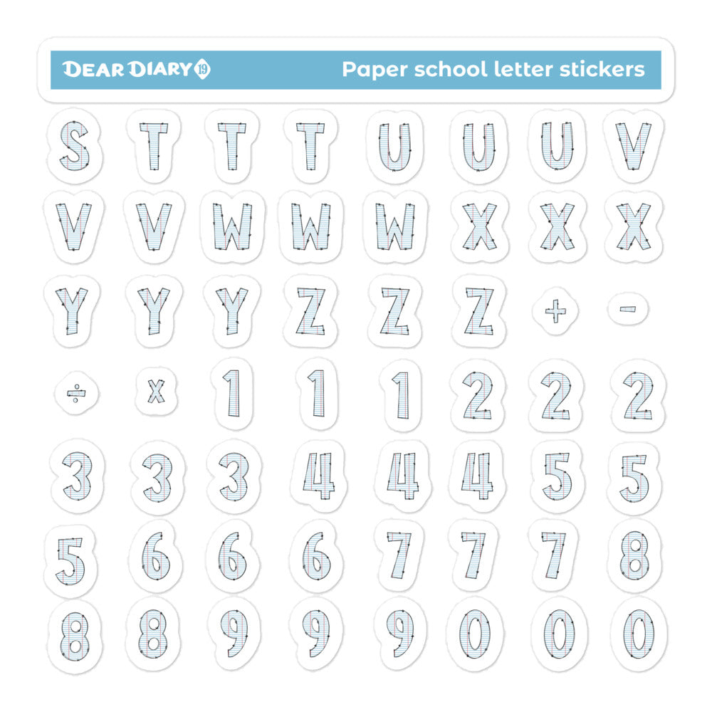 Paper School Alphabet Letter Numbers Stickers sheet pack - PSAL01