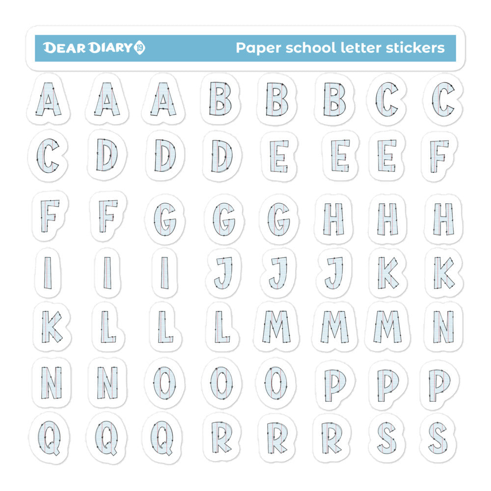 Paper School Alphabet Letter Numbers Stickers sheet pack - PSAL01