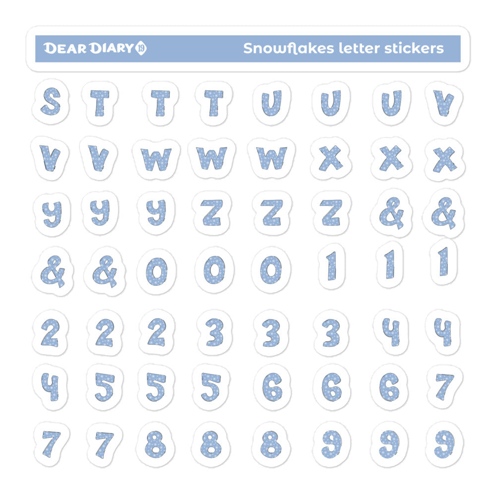 Snowflakes Alphabet Letter Numbers Stickers sheet pack - SFSH01