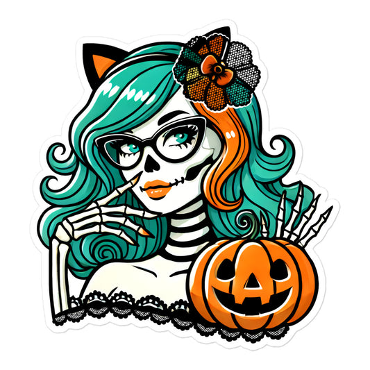 Catlady skeleton girl Halloween sticker HWSK03