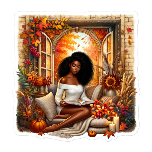 Fall autumn reading girl sticker FG1P01