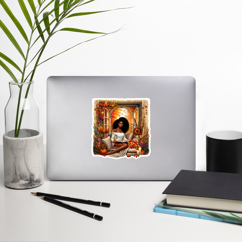 Fall autumn reading girl sticker FG1P01